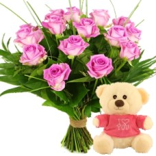 Bouquet of pink roses + teddy bear (Bouquet with 10 pink roses + small I love you cuddly toy with pink shirt)